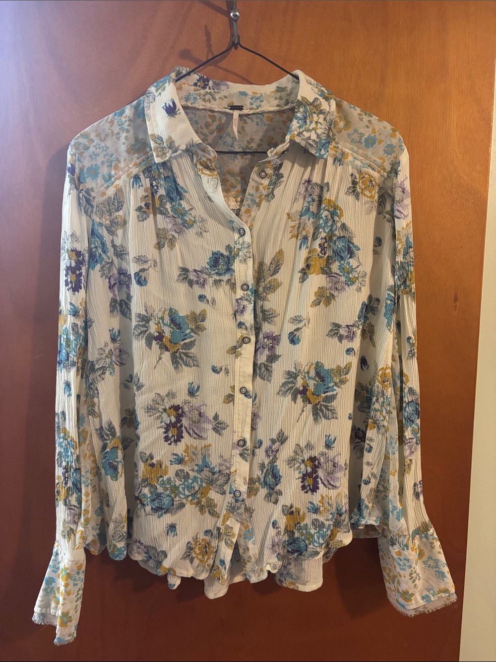 Free People: Floral Button-Down Blouse in Cream with Blue and Yellow Print